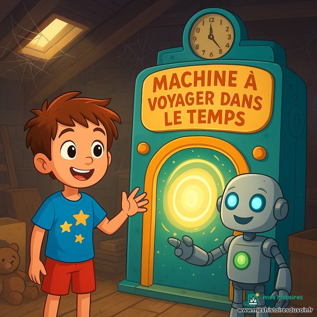 Un garçon de 8 ans nommé Tom, aux cheveux châtains en désordre et aux yeux curieux, se tient devant une machine à voyager dans le temps. Il porte un t-shirt bleu avec des étoiles et un short rouge, affichant une joie émerveillée. À ses côtés se trouve Chrono, un petit robot argenté souriant, montrant un bouton clignotant sur la machine. La scène se déroule dans un grenier poussiéreux rempli de vieux jouets et de livres, avec une lumière douce filtrant à travers une lucarne. Tom et Chrono se tiennent devant la porte lumineuse de la machine, prêts pour une aventure incroyable, créant une atmosphère magique et mystérieuse.