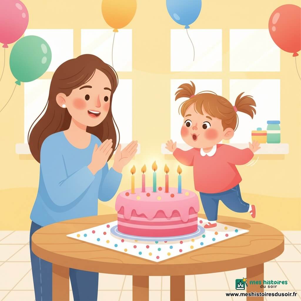Lila, 2 ans, joyeuse et souriante, cheveux châtain clair en petites couettes, se tient sur la pointe des pieds pour souffler quatre bougies sur un gros gâteau rose posé sur une table à nappe à pois pendant que sa maman d’environ 30 ans, cheveux bruns lâchés, l’applaudit à gauche; la cuisine claire aux murs jaune pastel et grandes fenêtres, quelques ballons au plafond, crée une ambiance chaleureuse et festive.