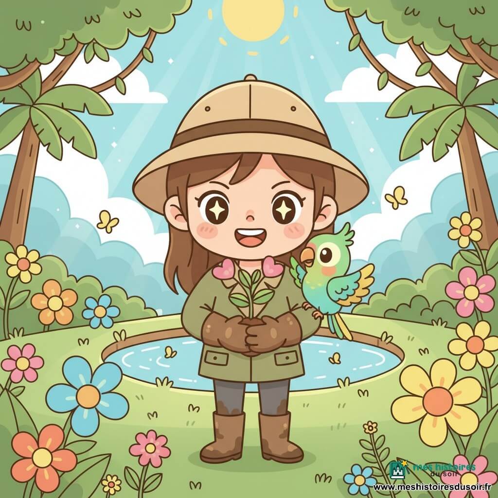 Clara, fillette exploratrice d'environ 10 ans, sourit aux yeux brillants; elle porte une veste kaki, un chapeau beige et des bottes boueuses et tient une plante aux feuilles scintillantes et fleurs roses; Coco, petit perroquet vert et turquoise perché sur son épaule droite, la regarde émerveillé. Dans une clairière tropicale lumineuse avec herbe verte, fleurs géantes, papillons jaunes et une source d'eau claire reflétant le ciel. Ambiance ensoleillée, couleurs vives, contours doux. Clara montre fièrement la plante magique, Coco admire, composition centrée et lisible pour un jeune enfant.