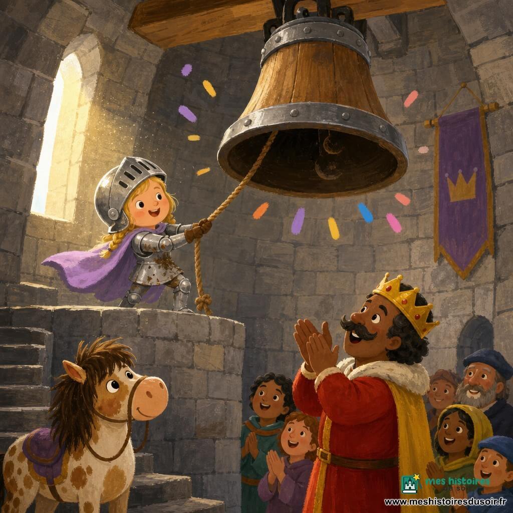 Une jeune chevaleresse souriante et brave, casque brillant, cape lavande, armure argentée tachée de boue, tire à deux mains sur la corde d'une grande cloche en bois et métal au sommet d'un vieux donjon en pierre grise; au bas de la tour, un roi d'environ 50 ans en costume rouge et cape dorée, moustache ronde, applaudit près d'une petite foule heureuse; un petit poney tacheté à la crinière en bataille attend au bas de l'escalier en pierre en spirale, regard curieux; une lumière douce filtre par une fenêtre étroite et fait ressortir la poussière; composition centrée sur la cloche et la chevaleresse, corde tendue, expression de fierté calme.