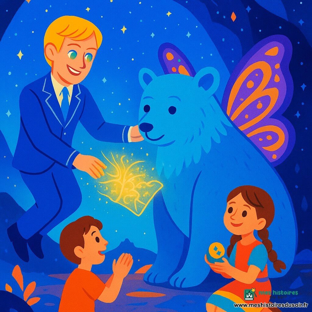 Étincello, homme souriant aux cheveux blonds presque dorés et yeux irisés, en costume bleu vif orné de lignes argentées, flotte légèrement la main posée sur le museau d'une immense créature : un ours bleu cyan au pelage duveteux et ailes de papillon translucides violettes et or ; de l'autre main il projette une carte lumineuse en filaments dorés. À droite, l'ours, au regard doux et reconnaissant, se penche vers la lumière ; un garçon d'environ 8 ans, cheveux châtains courts, applaudit depuis une colline en retrait et une fillette de 7 ans, cheveux en nattes et robe colorée, est agenouillée sur une pierre en tenant un jouet, captivée par la lueur. Le tout se déroule dans la Grotte Scintillante au sommet d'une montagne étoilée, parois couvertes de cristaux étincelants et sol de pierre polie, avec vue sur la ville de Luminopolis en contrebas ; scène centrale chaleureuse et magique axée sur la rencontre et l'amitié.