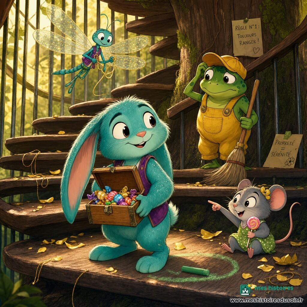 Plume, un petit lapin au pelage bleu-vert scintillant, longues oreilles souples et sourire malicieux, tient une petite boîte en bois ouverte remplie de sucreries ; derrière lui, Grenouille, une concierge en salopette jaune et casquette, tient un balai et paraît soulagée, tandis que Muguette, une minuscule souris grise aux yeux pétillants, assise sur une marche inférieure, montre la boîte en serrant une sucette, et Libelule, une libellule aux ailes translucides pailletées d’or, vole au‑dessus en tenant un fil doré ; l'action se déroule dans une cage d'escalier en spirale autour d’un tronc d’arbre, marches en bois usé, lumière dorée filtrant entre les barreaux et quelques pétales et un cercle de craie verte au sol, scène centrée sur la découverte et la réconciliation, ambiance chaleureuse aux couleurs vives et textures douces.