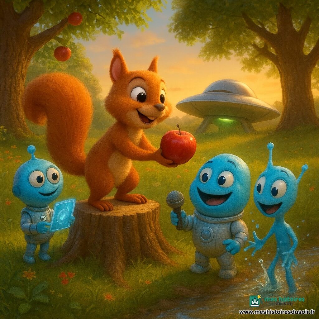 Félix, un jeune écureuil roux souriant, tend une pomme brillante depuis une souche à trois petits extraterrestres bleus — Zog, trois yeux et appareil holographique, Zik, plus corpulent avec un micro lumineux, Zuk, mince qui éclabousse près d'un ruisseau — tandis qu'un vaisseau argenté à lueur verte repose entre deux chênes dans une clairière baignée d'un coucher de soleil doré, herbes hautes et fleurs, un pommier chargé à gauche : rencontre chaleureuse, curieuse et colorée.