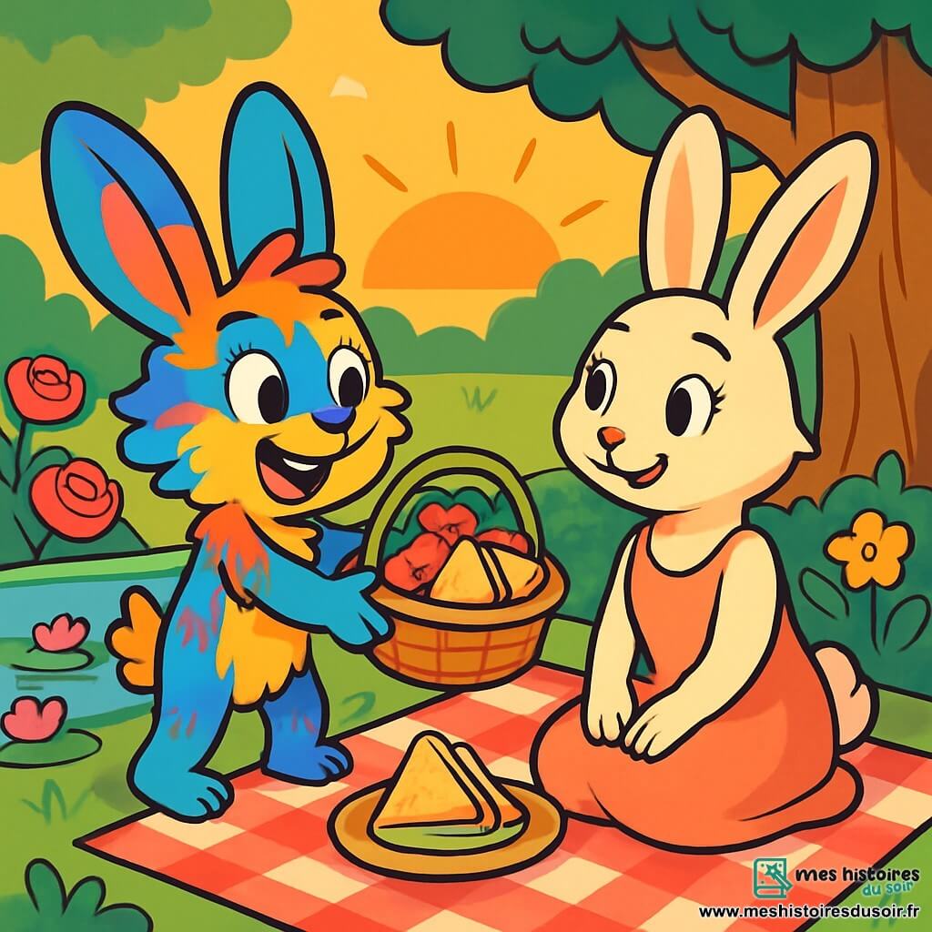 Octave, un petit lapin aux grandes oreilles et à la fourrure colorée, sourit joyeusement en tendant un panier de fraises et de sandwichs à sa maman. Mirabelle, une douce maman lapin au pelage crème, le regarde avec amour, assise sur une nappe à carreaux sous un chêne. Le jardin fleuri avec des roses et des nénuphars autour d'un étang scintillant est baigné de lumière dorée. Ils partagent un pique-nique joyeux, créant une atmosphère chaleureuse pour la fête des mères.