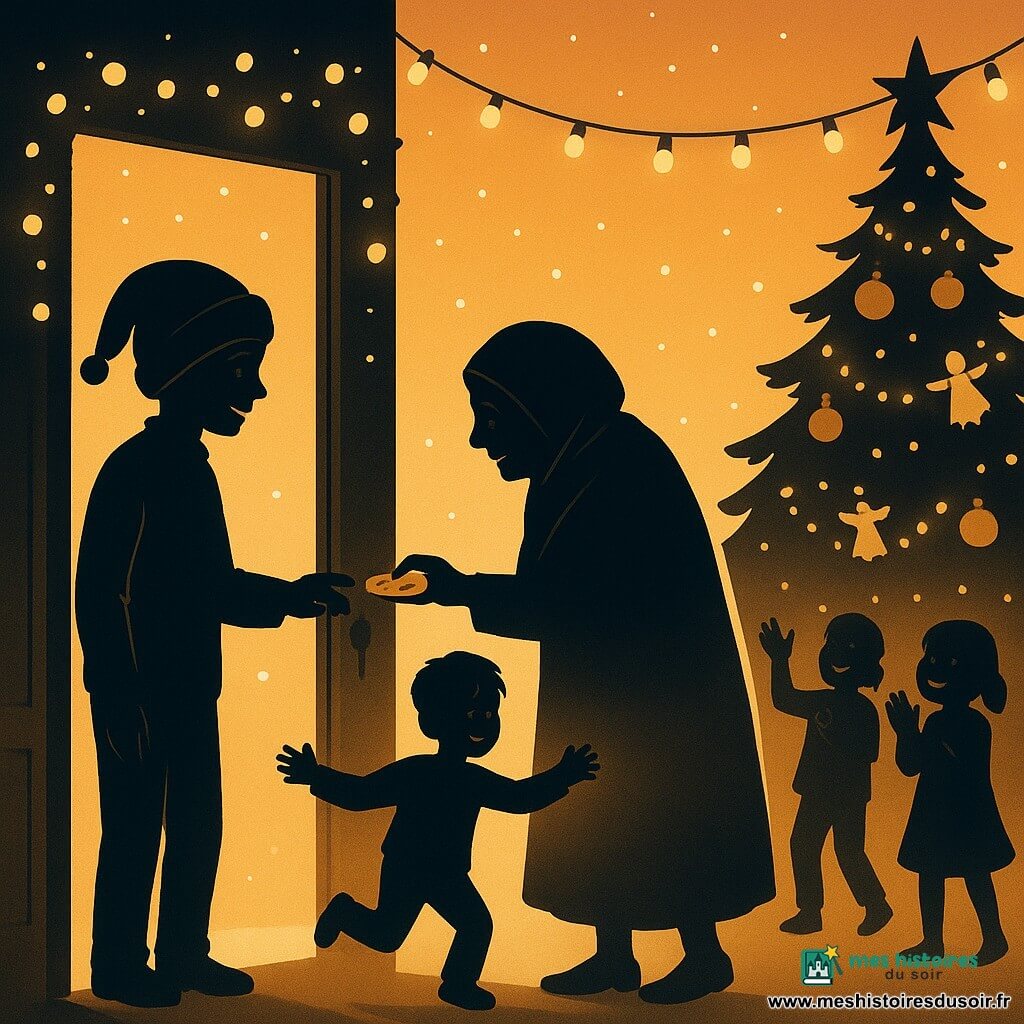 Jules, un garçon de 10 ans portant un bonnet trop grand, est près d'une porte en bois ornée de guirlandes lumineuses. Il sourit chaleureusement et tient la poignée. À ses côtés, une vieille dame au châle vert offre un biscuit avec bienveillance. Un garçon de 8 ans danse joyeusement au milieu du salon, entouré d'enfants qui rient. Le salon, décoré pour Noël, a un grand sapin scintillant et des guirlandes lumineuses. Jules ferme doucement la porte pour conserver la chaleur et la joie, tandis que la neige tombe à l'extérieur.