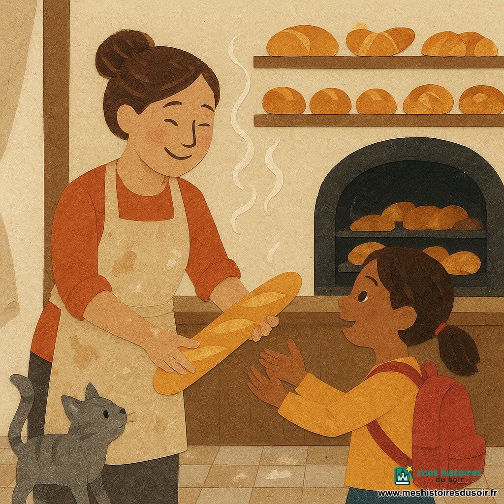 Madame Lucie, souriante, mains couvertes de farine, tablier beige taché et cheveux châtain en chignon, tend une baguette dorée encore fumante à Zoé, petite fille d’environ 7 ans aux couettes et sac à dos rouge, qui la tient émerveillée, tandis qu’un petit chat gris s’engouffre près de la porte entrouverte; en arrière-plan, un four à porte noire laisse échapper de légères volutes de vapeur, des étagères regorgent de baguettes, croissants et brioches, le sol en carreaux poudré de farine et les rideaux flottent sous un courant d’air — scène matinale réconfortante baignée d’une lumière jaune chaude, centrée sur les mains et la baguette fumante.