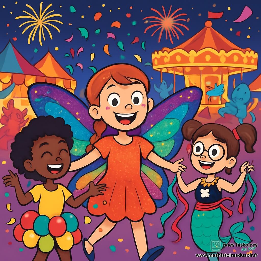 Trois personnages sont présents : Chloé, une fille de 11 ans avec une tresse rebelle et des yeux pétillants, portant un costume de papillon aux ailes multicolores et scintillantes, au centre, les bras ouverts et souriante. Fatou, également âgée de 11 ans, a des cheveux crépus et un grand sourire, vêtue d'une jupe en ballons colorés qui éclatent en lançant des étoiles, se tient à gauche de Chloé en jonglant avec des confettis. Lila, aussi 11 ans, porte des lunettes rondes et a les cheveux en deux couettes, habillée d'une robe de sirène-pirate ornée de coquillages, à droite de Chloé, dansant avec des rubans. Le cadre est un carnaval magique avec des stands colorés, lanternes scintillantes et confettis. Ils dansent ensemble, entourés de rires et de couleurs, célébrant leur costume.