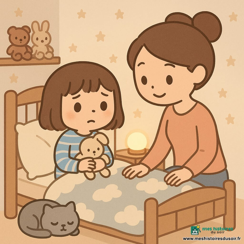 Une fillette de 4 ans, cheveux bruns au carré, yeux grands, en pyjama bleu et blanc, assise dans son petit lit en bois, serre son doudou beige contre sa poitrine et écoute son ventre en posant une main dessus ; sa mère d'environ 30 ans, au visage doux et chignon, est assise au bord du lit, la main chaude sur la couverture et penchée vers elle pour la rassurer. Un chat gris roulé en boule au pied du lit apporte une présence calme. La petite chambre chaleureuse a des murs crème avec des étoiles peintes, une veilleuse ronde diffuse une lumière dorée, une étagère avec peluches et une couette à motifs nuage ; l'ambiance est intime, calme et sécurisante lors de la scène de coucher.