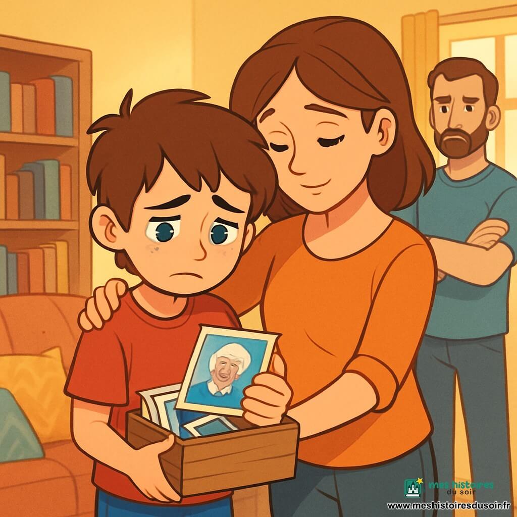 Un garçon de 10 ans, Tom, se tient au centre de l'image, avec des cheveux bruns en désordre et des yeux bleus tristes. Il porte un t-shirt rouge et un short bleu, tenant une boîte en bois remplie de photos, regardant une image avec émotion. À côté de lui, sa mère, une femme d'une trentaine d'années avec des cheveux châtains et un sourire doux, l'enlace tendrement. En arrière-plan, son père, d'une quarantaine d'années avec une barbe légère, observe la scène, les bras croisés. La scène se déroule dans le salon chaleureux de la grand-mère de Tom, avec des murs jaunes, des étagères de livres anciens et des coussins colorés. Une lumière douce filtre à travers une fenêtre, créant une atmosphère nostalgique. Tom feuillette des photos de moments heureux passés avec sa grand-mère, tandis que ses parents l'entourent, offrant leur amour et leur soutien.