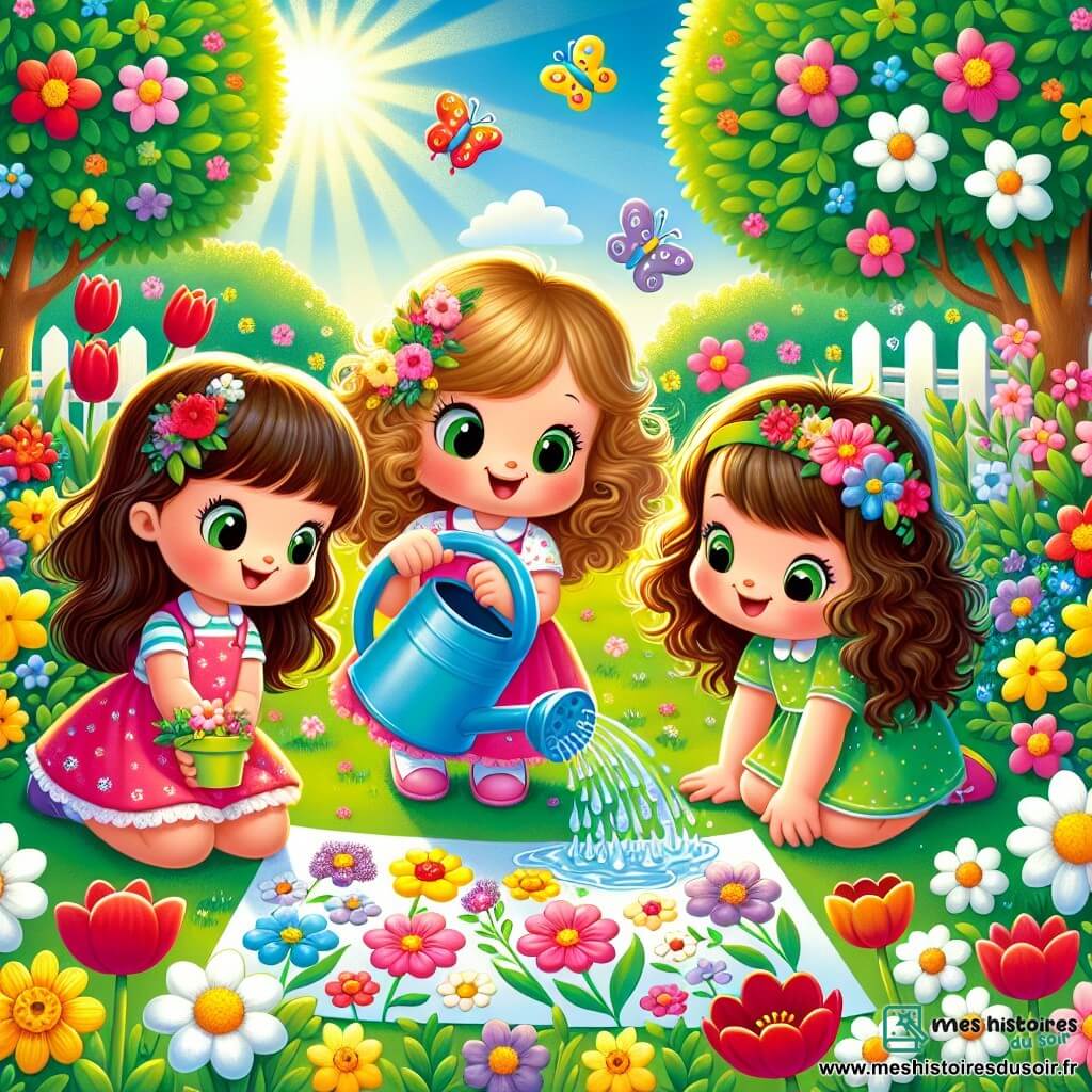 Trois petites filles de trois ans jouent dans un jardin ensoleillé. Lila, avec des cheveux bruns et bouclés, arrose les fleurs avec un arrosoir bleu. Mia, aux cheveux blonds et lisses, fait des éclaboussures d'eau en riant, tandis que Zoé, avec des cheveux châtains et ondulés, dessine des fleurs colorées sur un papier dans l'herbe. Le jardin est rempli de fleurs éclatantes et des papillons volent autour. Les trois amies s'amusent, créant une atmosphère joyeuse de printemps.