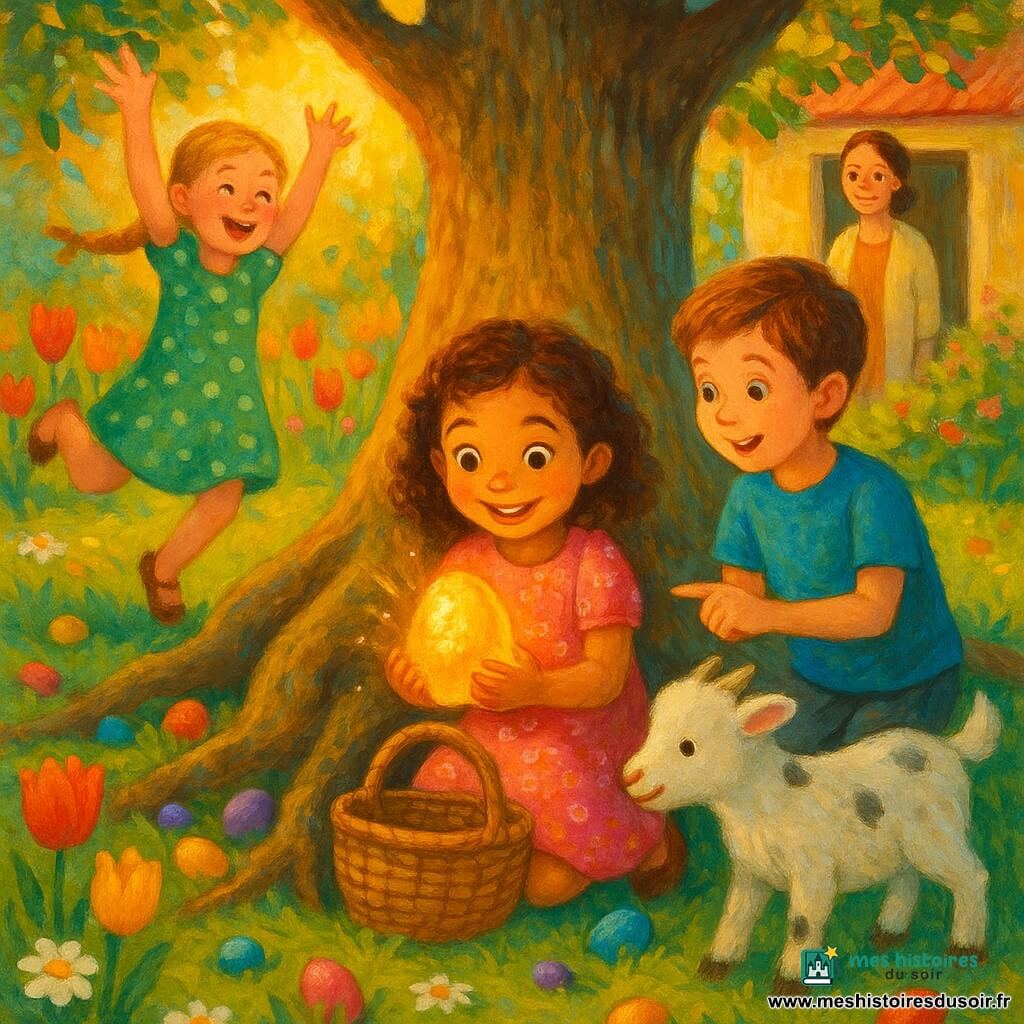 Lila, 6 ans, cheveux bruns bouclés, yeux noisette, robe rose à fleurs, tient un œuf doré scintillant et sourit; Max, ~8 ans, cheveux châtains courts, t-shirt bleu, la regarde en pointant l'œuf à sa droite; Emma, ~7 ans, blonde en tresse, robe verte à pois, saute de joie à gauche; la maman, en cardigan crème, sourit en arrière-plan près de la porte; une petite chèvre blanche renifle le panier au premier plan. Jardin de ferme en matin ensoleillé avec herbe verte, tulipes et marguerites, vieux chêne aux racines apparentes et grange rouge; lumière dorée filtre entre les branches, œufs en chocolat multicolores éparpillés, atmosphère joyeuse. Style peinture acrylique, traits nets, couleurs vives, textures visibles, composition centrée sur Lila et l'œuf.