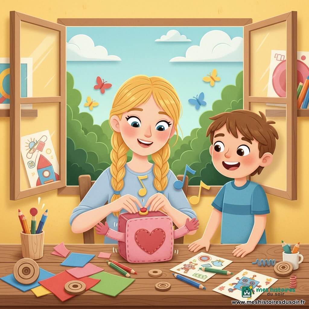 Lila, jeune et joyeuse, cheveux blonds tressés, sourit et ajuste un bouton rouge sur une boîte à câlins rose avec un grand cœur cousu, assise à une table en bois ; Paco, environ 6 ans, châtain et rieur, les mains sur la table, la regarde avec admiration. Dans un atelier chaleureux d’une petite maison jaune, la table est couverte de tissus colorés, crayons et dessins d’inventions ; la fenêtre ouverte donne sur un jardin vert avec papillons. La boîte-câlin s’ouvre avec de petits bras textiles et émet une note, mouvement et notes de musique stylisées ; ambiance douce et lumineuse, couleurs vives, textures papier et ombres douces.