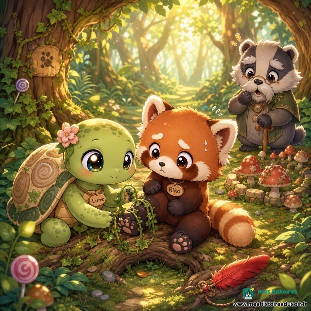 Tortue nommée Lune au visage doux et yeux ronds, carapace ronde beige et verte à motifs en spirale, démêlant délicatement un lierre autour d'une patte de petit panda roux nommé Riko au pelage roux et crème, aux yeux larges et encore inquiets mais soulagés, assis sur une racine ; en arrière-plan un vieux blaireau à moustache grise, surpris mais adouci, près d'un cercle de champignons réparés ; sentier de mousse sous des arbres formant une arche, tapis de fougères et racines visibles, taches de lumière dorée filtrant le feuillage, petite plume rouge posée sur une racine ; scène de secours tendre et calme, gestes lents et précis, ambiance chaleureuse aux couleurs pastel et textures douces.