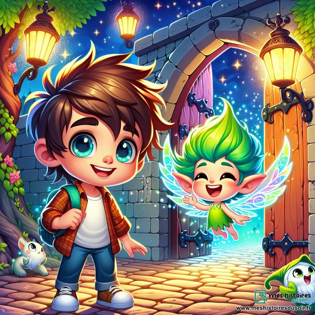 Un petit garçon de 6 ans, Max, avec des cheveux bruns en désordre et des yeux curieux, se tient devant une porte magique en bois avec une poignée en forme de dragon. Il sourit, ses joues rosies par l'excitation. À ses côtés, un lutin nommé Zappy, aux cheveux verts et aux yeux brillants, vole avec des ailes translucides en riant. Ils se trouvent dans une vieille rue pavée, bordée de lampadaires scintillants et d'arbres dansant au vent, entourés de créatures magiques comme des chats ailés. Max et Zappy sont prêts à entrer dans un monde secret, illustrant l'excitation d'une aventure fantastique.
