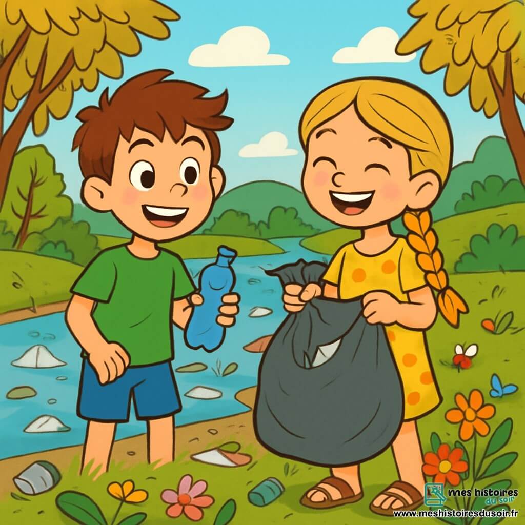Léo, un garçon de 10 ans aux cheveux châtains en bataille et aux yeux pétillants, porte un t-shirt vert et un short bleu, tenant une bouteille en plastique. Clara, une fille de 9 ans avec de longs cheveux blonds tressés et un sourire contagieux, est en robe jaune à fleurs et sandales, tenant un sac poubelle rempli de déchets. Ils se trouvent au bord d'une rivière trouble, entourés de verdure, avec des arbres aux feuilles jaunies et des fleurs colorées. Léo et Clara nettoient la rivière, souriants et déterminés à protéger leur environnement, tandis que des abeilles volent autour des fleurs, symbolisant l'espoir.