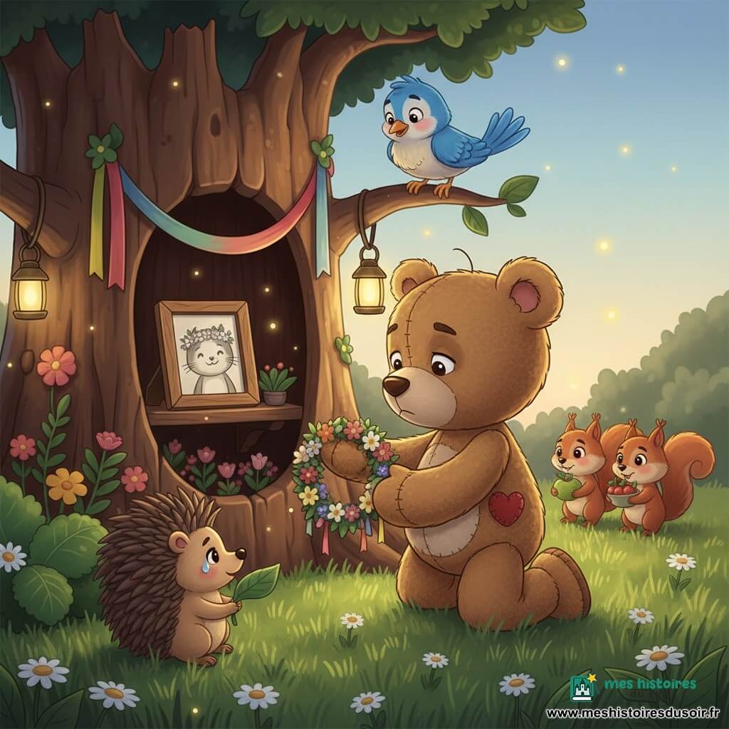 Mallow, un ours en peluche beige au pelage velouté et au petit cœur rouge cousu sur la poitrine, s’agenouille pour déposer une guirlande de fleurs à l’entrée d’un vieux tronc d’arbre creux décoré de rubans et de fleurs sauvages; à l’intérieur, une photo encadrée du chat noir et blanc souriant, ornée d’une minuscule couronne de fleurs, le représente; un oiseau bleu perché sur une branche écoute, un hérisson brun tient une feuille à côté de Mallow, deux écureuils roux apportent des baies en procession; le jardin au crépuscule, herbe et marguerites, lanternes chaudes et lucioles créent une ambiance tendre et apaisée pour une cérémonie intime en mémoire d’un ami disparu.
