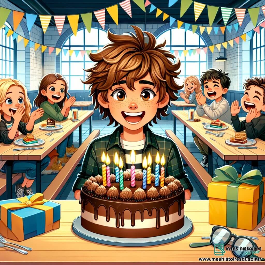 Maxime, un garçon de 11 ans aux cheveux châtain ébouriffés et aux yeux pétillants, se tient au centre d'une table décorée de ballons et de guirlandes, souriant alors qu'il s'apprête à souffler ses bougies sur un gâteau au chocolat. À sa droite, Clara, également 11 ans, applaudit avec enthousiasme, et à sa gauche, Léo, un garçon blond, rit en tenant un cadeau. La cafétéria animée est ornée de décorations d'anniversaire, où d'autres enfants partagent des rires et des friandises, créant une ambiance festive pour célébrer l'anniversaire de Maxime.