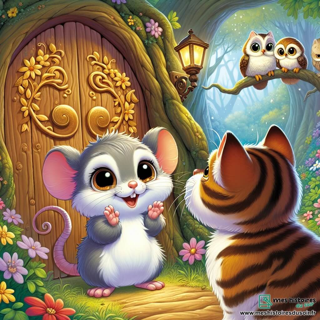 Minette, une petite souris grise aux grands yeux brillants, se tient devant une porte en bois ornée de fleurs dorées, le cœur battant d'excitation. Elle sourit largement, prête à entrer dans un monde magique. À ses côtés, Moustache, un chat tigré, l'observe avec curiosité, assis sur ses pattes arrière. Plus haut, Sagesse, un hibou aux plumes brunes, les regarde avec un air encourageant, prêt à les guider. La scène se déroule dans une forêt enchantée, avec de grands arbres et des fleurs colorées, créant une atmosphère magique. Ils sont impatients de découvrir le trésor caché derrière la porte.