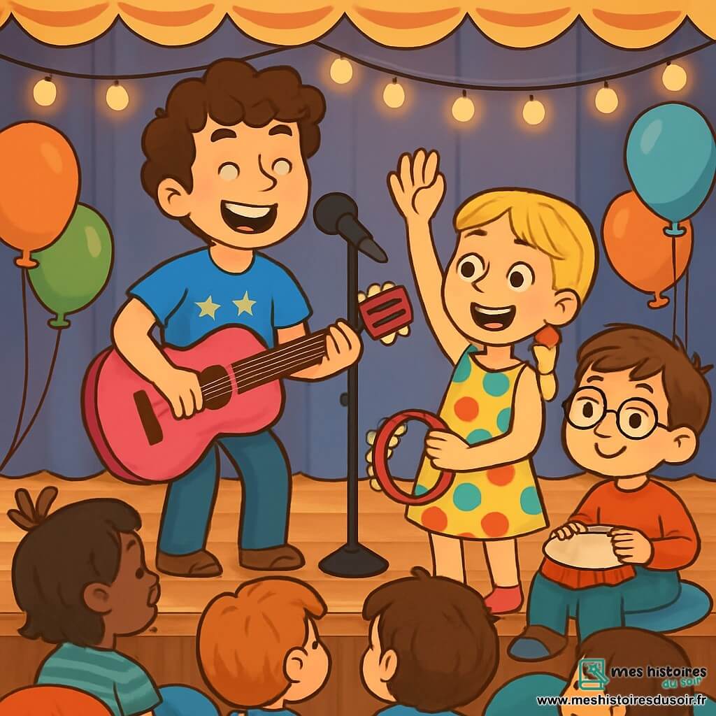 Un homme souriant, Maxime, est sur scène avec une guitare rose vif nommée Framboise. Il a les cheveux bruns et bouclés, porte un t-shirt bleu avec des étoiles et un jean. Son visage exprime joie et excitation alors qu'il chante devant un public d'enfants. À ses côtés, Zoé, une fille de 8 ans aux cheveux blonds tressés, lève la main avec enthousiasme, vêtue d'une robe colorée à pois. Lucas, un garçon de 7 ans avec des lunettes et des cheveux châtains, est assis sur le bord de la scène avec un tambourin, admiratif. La scène est décorée de guirlandes lumineuses et de ballons multicolores, créant une ambiance festive. Des enfants assis sur des coussins écoutent attentivement. Maxime interagit avec eux, les invitant à participer à la création d'une nouvelle chanson, remplissant l'air de rires et d'énergie créative.