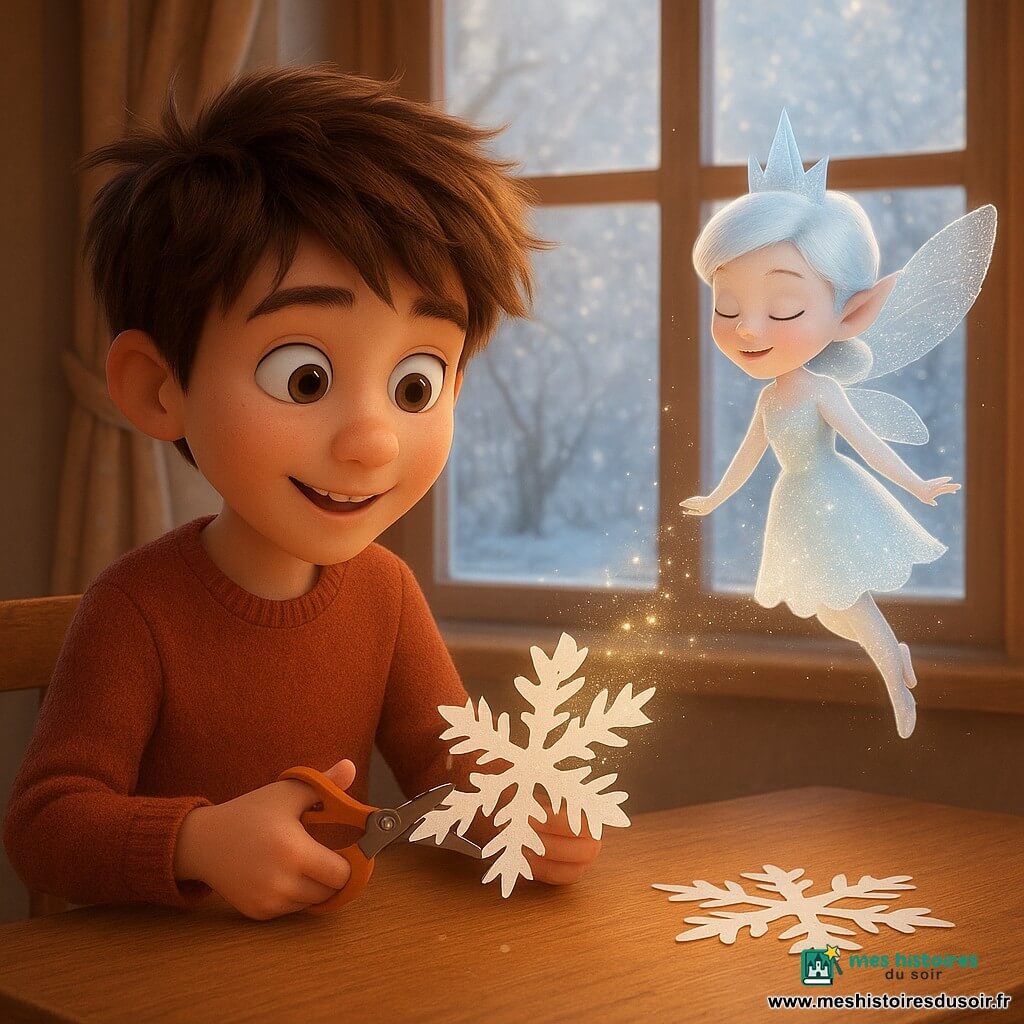 Léo, un garçon de 10 ans aux cheveux bruns ébouriffés et aux yeux pétillants, découpe un flocon de neige en papier blanc, émerveillé. À ses côtés, Floconette, une petite fée de neige scintillante, flotte en répandant une douce poussière d'étoiles. La scène se passe dans une pièce chaleureuse, éclairée par la lumière du matin, avec une grande fenêtre donnant sur un jardin enneigé, créant une atmosphère magique.