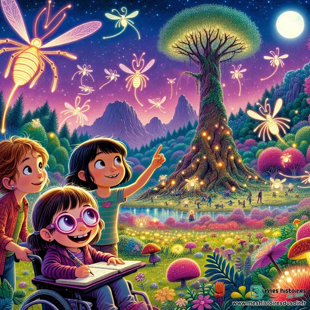 Au centre de l'image, trois filles se tiennent dans une clairière lumineuse sur une planète extraterrestre. Olivia, 10 ans, avec des cheveux bruns en bataille et un sourire, pointe un arbre immense. Léa, 11 ans, aux cheveux noirs, dessine des créatures lumineuses dans un carnet, ses lunettes glissant sur son nez. Zoé, 10 ans en fauteuil roulant, avec des cheveux blonds et des lunettes roses, sourit en observant des lucioles géantes. La clairière est entourée de montagnes colorées, de forêts luxuriantes et de fleurs scintillantes sous un soleil violet. Les filles, près d'un arbre majestueux aux feuilles brillantes, semblent prêtes à établir un contact avec les créatures, partageant un moment magique d'échange et de découverte.