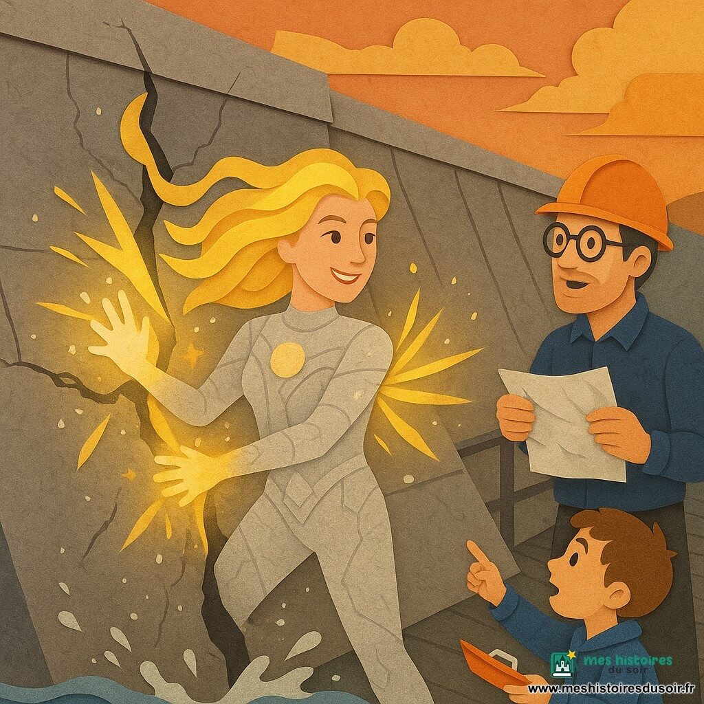 Lumina, super-héroïne rayonnante, pose ses mains lumineuses sur une fissure du barrage et envoie des rubans de lumière dorée qui recousent le béton pendant que des étincelles en papier s'envolent; à droite, un ingénieur d'une quarantaine d'années en casque orange et lunettes regarde émerveillé en tenant des plans froissés, et en bas sur la berge un garçon d'environ huit ans en veste bleue pointe vers Lumina avec un petit bateau-jouet; le barrage est une massive structure de béton gris aux angles nets, la fissure noire brillante laisse apparaître des veines d'eau et des éclaboussures, le ciel orangé de fin d'après-midi en arrière-plan, ambiance héroïque et rassurante.
