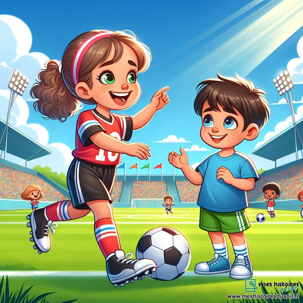 Clara, une fille de 10 ans, est grande avec des cheveux bouclés et un sourire éclatant. Elle porte un maillot de football rouge et des shorts noirs, dribblant un ballon sur le terrain. Son visage exprime détermination et joie, tandis qu'elle montre à Lucas comment jouer. Lucas, un garçon de 8 ans, a des yeux brillants et des cheveux courts. Il porte un t-shirt bleu et des shorts verts, tenant un petit ballon sous le bras, admirant Clara, prêt à apprendre. Le cadre est un stade ensoleillé avec une pelouse verte et des gradins pleins de spectateurs. Clara et Lucas jouent ensemble, riant et s'amusant, créant une atmosphère de camaraderie.
