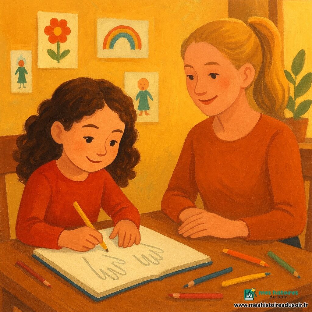Lila, une jeune fille aux cheveux bruns bouclés et aux yeux pétillants, dessine dans un carnet ouvert à une table en bois. En face d'elle, sa sœur aînée Nina, une jeune femme blonde, sourit doucement. Le salon, baigné d'une lumière dorée, est décoré de dessins colorés et d'une plante près de la fenêtre. Lila dessine les mains de Nina, entourée de crayons de couleur, illustrant un moment de complicité et de créativité.