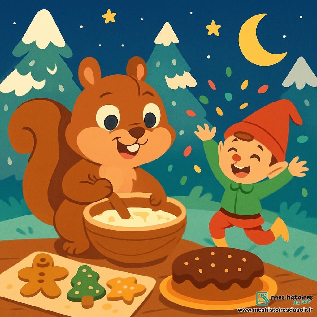 Un petit écureuil nommé Noisette, avec un pelage brun et des yeux pétillants de curiosité, est debout sur ses pattes arrière, souriant en mélangeant des ingrédients dans un grand bol en bois. À ses côtés, un lutin farceur nommé Léo, tout petit avec un bonnet rouge et des bottes jaunes, rit aux éclats en lançant des confettis colorés. La scène se déroule dans une clairière enchantée de la forêt, entourée de sapins couverts de neige, sous un ciel étoilé. Noisette et Léo préparent un festin de Noël magique, avec des biscuits rigolos et des gâteaux pétillants, créant une ambiance festive et chaleureuse.