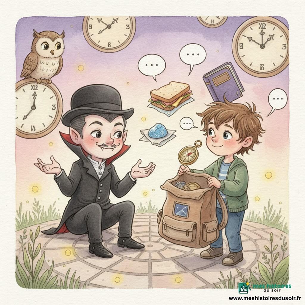 Un petit vampire garçon nommé Vesperin, au sourire timide et moustaches fines, porte chapeau melon et costume sombre aux boutons brillants, assis au centre, bienveillant et espiègle, mains ouvertes pour apaiser; en face, Candide, environ 9 ans, cheveux en bataille et veste colorée, tient son sac à dos ouvert et le regarde, curieux et rassuré. Le sac, grand et presque vivant, laisse apparaître un sandwich jambon-fromage, un caillou bleu dans un mouchoir, une boussole en laiton et un livre violet à lettres dorées, chacun suggéré par une petite bulle de dialogue; une chouette aux yeux jaunes est perchée sur une horloge flottante à gauche, tandis que des pendules flottantes et un ciel crépusculaire lavande-pêche forment l'arrière-plan; le sol pavé, herbes délicates et lucioles ajoutent des points lumineux, le tout dans une ambiance tendre, magique et ludique aux couleurs aquarelle pastel et contours doux.
