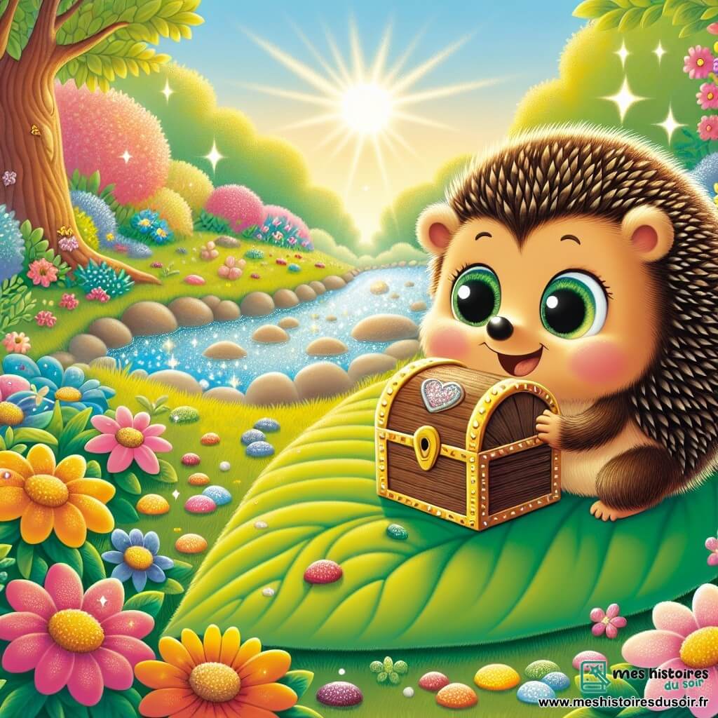 Un petit hérisson au pelage brun et aux piquants doux, aux yeux curieux, se tient sur une grande feuille verte, souriant en regardant un coffre mystérieux. À côté de lui, une belle fleur colorée aux pétales roses et jaunes semble lui parler, ses yeux brillants d'amitié. Le jardin est enchanté, rempli de fleurs éclatantes, de cailloux brillants et d'un ruisseau clair. Le hérisson découvre un coffre rempli de baies délicieuses, dans une ambiance joyeuse et une lumière chaleureuse, illustrant l'esprit d'aventure.