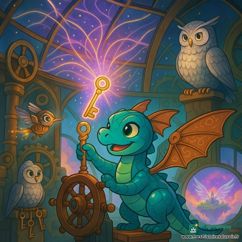 Viridian, petit dragon mécanique aux écailles en verre bleu‑vert et aux ailes‑hélices de cuivre gravées de runes, sourit et, perché au gouvernail en bois et métal, insère une clé spirale luminescente dans une serrure ancienne ; Tick, oiseau mécanique minuscule au bec d'argent et aux engrenages visibles, voltige en ébrouement en envoyant des étincelles dorées ; la Maîtresse des Clefs, mi‑chouette mi‑boîte à musique au plumage argenté et à la ceinture chargée de clés, observe depuis un pilier. La salle du gouvernail, dôme de verre parsemé de filaments lumineux, grands rouages de laiton, cadrans et pistons en cuivre, s'ouvre sur une fenêtre montrant une île volante aux ailes translucides et jardins suspendus ; la clé déclenche l'Arcane d'Inspiration : explosion douce de lumière violette et dorée, apparition d'ailes d'éther sur l'île et tourbillon de nuages multicolores, scène magique et optimiste.