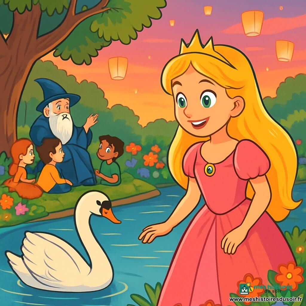 La princesse Éléanor, une jeune fille de douze ans aux longs cheveux dorés et aux yeux bleu clair, se tient au bord d'un lac, souriante, en observant un cygne majestueux. À proximité, Maître Alaric, un vieil homme à la barbe blanche, raconte des histoires à des enfants fascinés sous un grand chêne. Le jardin est rempli de fleurs colorées et de lanternes flottantes dans la brise du soir. Éléanor, émerveillée par la beauté du cygne, prend conscience de l'importance de la gratitude envers la nature, tandis que le ciel se pare de nuances dorées et roses au crépuscule.