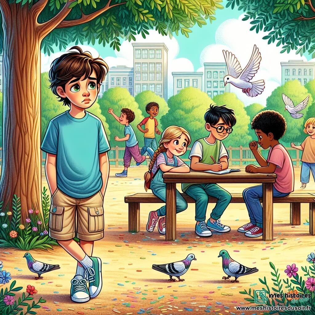 Adam, un garçon de 12 ans aux cheveux châtains en bataille et aux yeux inquiets, se tient au centre de la cour de récréation, vêtu d'un t-shirt bleu et d'un short beige, les mains dans les poches, regardant pensivement un groupe d'enfants qui jouent. À sa droite, Naïm, 11 ans, dessine des oiseaux avec un sourire, tandis qu'à gauche, Mélissa, 10 ans, dessine des colombes, concentrée mais rêveuse. La cour est entourée d'arbres verts avec un vieux tilleul au centre et des bancs en bois. Le sol est recouvert de sable et de fleurs colorées. Adam, préoccupé par la peur de la guerre, se sent isolé face à l'insouciance de ses camarades qui représentent l'espoir et l'amitié.