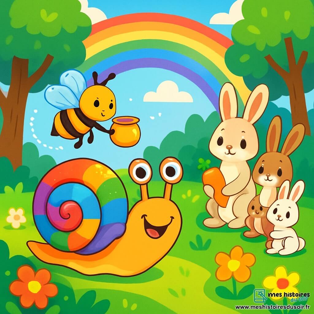 Un escargot nommé Simon, avec une coquille brillante et colorée, avance souriant sur un chemin d'herbe verte, entouré de fleurs. À côté de lui, une abeille bourdonnante vole en cercle, lui offrant un pot de miel. Plus loin, une famille de lapins aux pelages blancs et marron l'observe, tenant une carotte. La scène se déroule dans une forêt enchantée, sous la lumière dorée du soleil, avec des arbres majestueux et un ciel bleu. Simon suit un arc-en-ciel scintillant, prêt à découvrir un trésor caché.