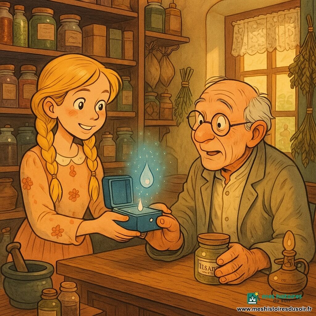Aurore, jeune femme au visage doux, cheveux blonds tressés, tend une petite boîte bleue ouverte d'où émane une goutte de rosée scintillante contenant une bague d'or minuscule, à Monsieur Loupin, apothicaire d'environ 60 ans au visage ridé et bienveillant, lunettes rondes et blouse usée, assis derrière un comptoir en bois, surpris et ému, une main sur la boîte et l'autre tenant un petit pot de tisane, dans une boutique d'apothicaire chaleureuse et encombrée aux étagères de bocaux et sachets, éclairée d'une petite lampe à huile et d'un rayon de soleil, ambiance féerique et réaliste aux couleurs chaudes.