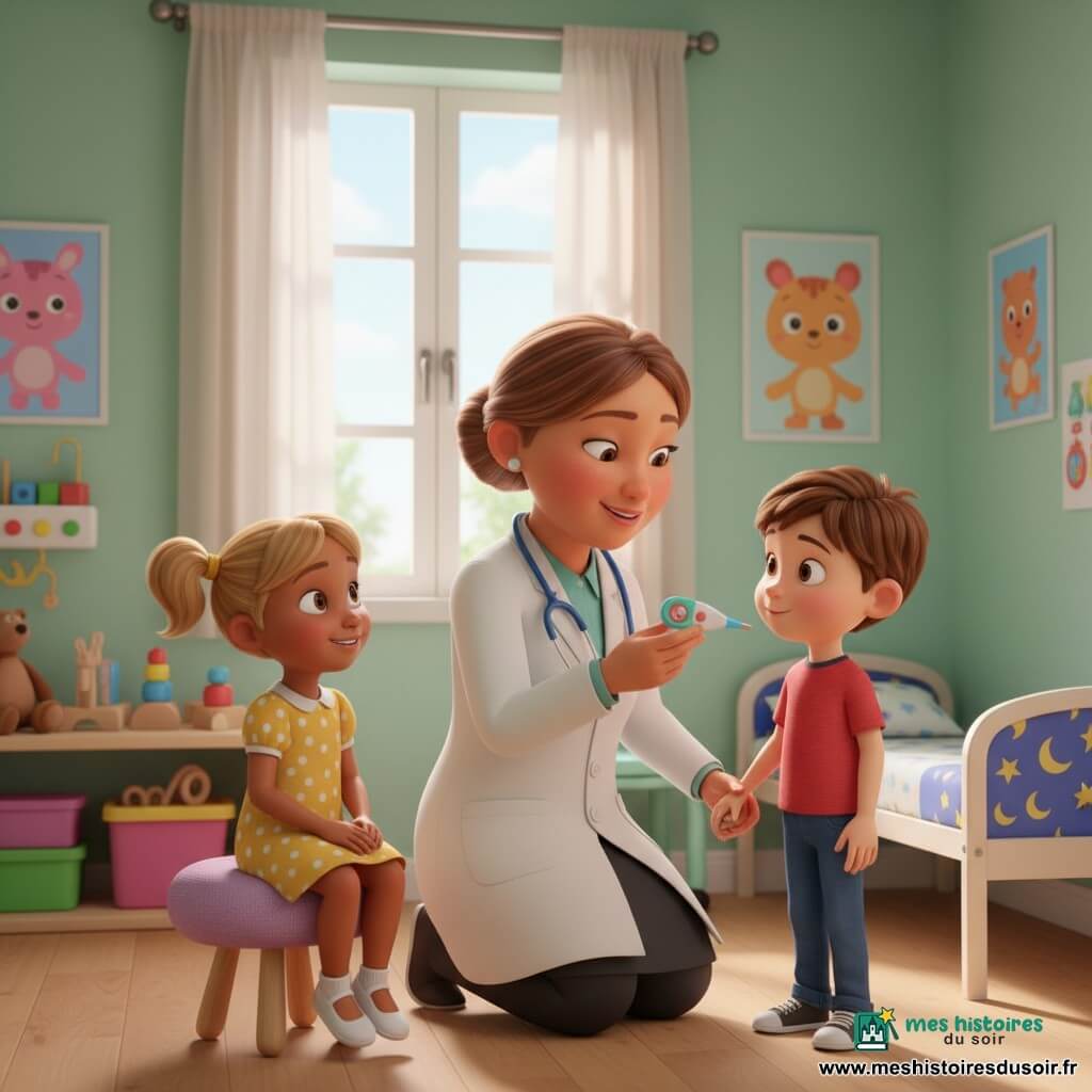 Une médecin souriante et bienveillante au visage rond, cheveux châtain clair en chignon, en blouse blanche et stéthoscope bleu, est agenouillée pour parler aux enfants et tend doucement un thermomètre; à sa droite Léo, environ 6 ans, cheveux bruns courts, pantalon bleu et T‑shirt rouge, tient la main de la médecin et regarde le thermomètre avec curiosité; à gauche Mia, environ 4 ans, cheveux blonds en couettes, robe jaune à pois blancs, est assise sur un petit tabouret, souriante et attentive; la scène se déroule dans une salle pédiatrique lumineuse aux murs vert menthe, affiches d'animaux, grande fenêtre, jouets rangés et petit lit d'examen coloré, créant un moment calme et rassurant aux couleurs douces, volumes ronds et gestes tendres.