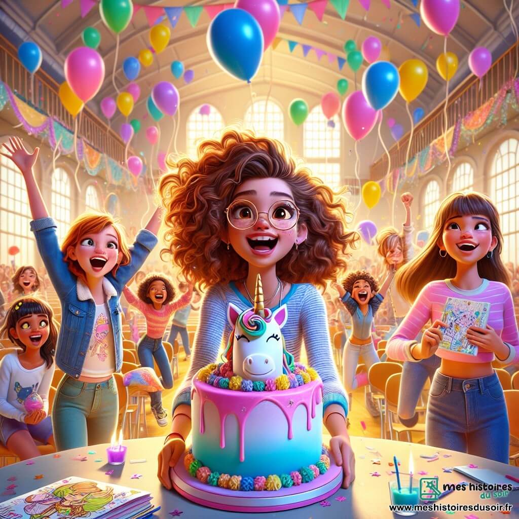 Au centre de l'image, Lila, une fille de 12 ans avec des cheveux châtains bouclés et des lunettes rondes, sourit en tenant un gâteau en forme de licorne. À sa gauche, Clara, également âgée de 12 ans, lève les bras en l'air, tandis qu'à sa droite, Zoé, avec des cheveux bruns, tient un carnet de croquis. Derrière elles, un groupe d'enfants s'amuse avec des ballons colorés, créant une ambiance festive. Le décor est un gymnase lumineux, orné de guirlandes et d'une banderole "Joyeux Anniversaire, Lila !". La scène montre Lila entourée de ses amis, célébrant son anniversaire avec joie.
