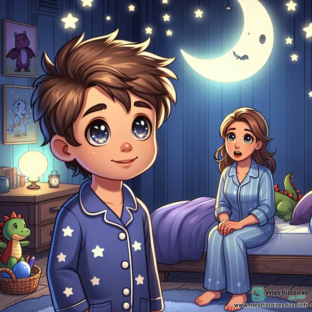Lucas, un garçon de 8 ans aux cheveux bruns en bataille et aux yeux curieux, se tient dans sa chambre, souriant courageusement. Il porte un pyjama bleu à étoiles blanches et admire une veilleuse en forme de lune qui éclaire la pièce. Sa maman, dans la trentaine avec des cheveux châtains, est assise sur le lit, lui parlant tendrement, vêtue d'un pull confortable et d'un pantalon de pyjama. La chambre, décorée de posters de dragons et d'étoiles brillantes, est remplie de jouets. La lumière de la veilleuse crée une ambiance douce, tandis que l'obscurité envahit les coins. Lucas, un peu nerveux mais déterminé, est prêt à affronter ses peurs, écoutant sa maman parler de son ami imaginaire, Fred, le dragon courageux.