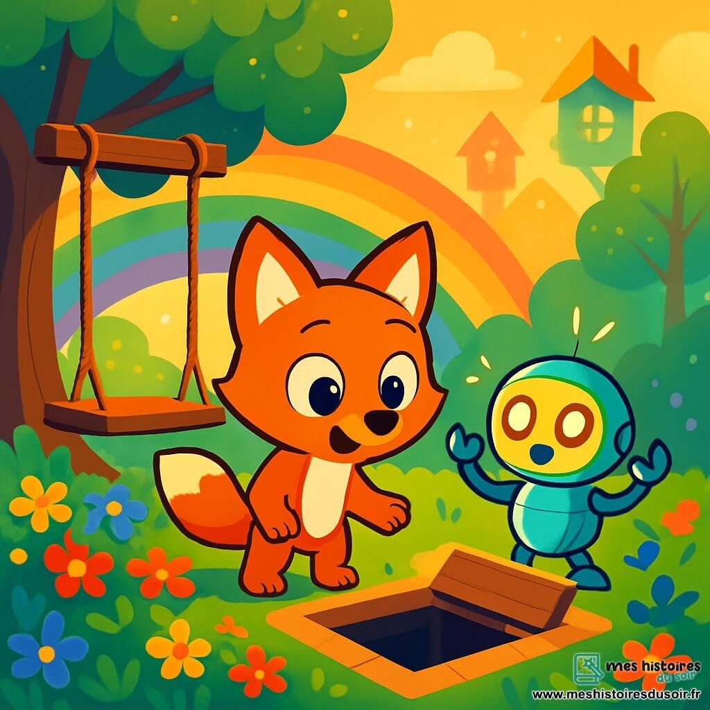 Un petit renard orange vif, nommé Fidou, avec de grands yeux brillants et des oreilles pointues, observe une trappe secrète sous une balançoire en bois avec émerveillement. À ses côtés, un petit robot lumineux, aux yeux scintillants, semble surpris. Le parc arc-en-ciel est rempli de fleurs multicolores, de grands arbres scintillants et de maisons flottantes, le tout baigné dans une lumière dorée. Fidou s'approche de la trappe, prêt à découvrir ce qui se cache en dessous.