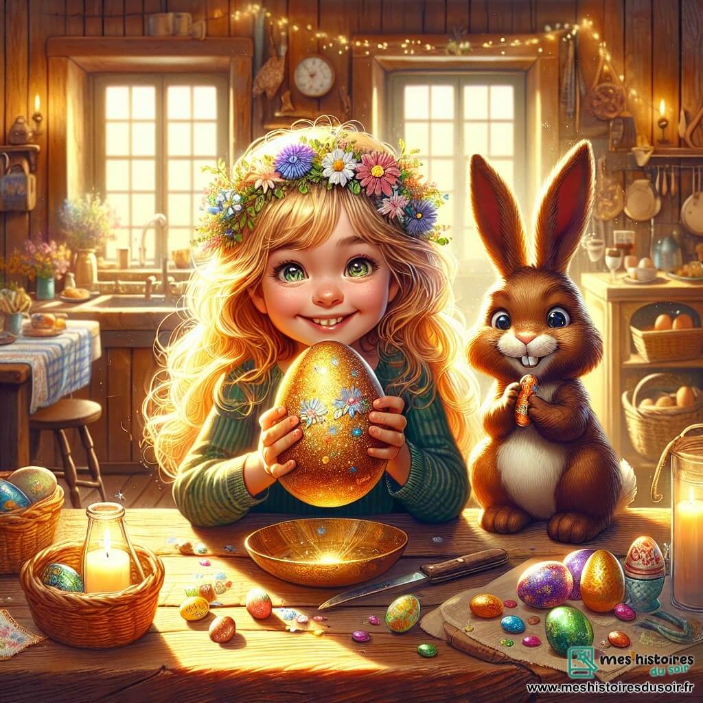 Au centre de l'image, Léa, une fille de 10 ans aux cheveux dorés et aux yeux malicieux, est assise à une table en bois, souriant émerveillée avec un œuf de Pâques doré décoré de fleurs et de paillettes. À côté d'elle, un lapin en chocolat nommé Lapino grignote une carotte, ajoutant une touche de magie. En arrière-plan, une cuisine chaleureuse avec des murs en bois et des décorations de Pâques crée une atmosphère festive. Léa et Lapino décorent des œufs de Pâques ensemble, remplis de joie et de créativité.