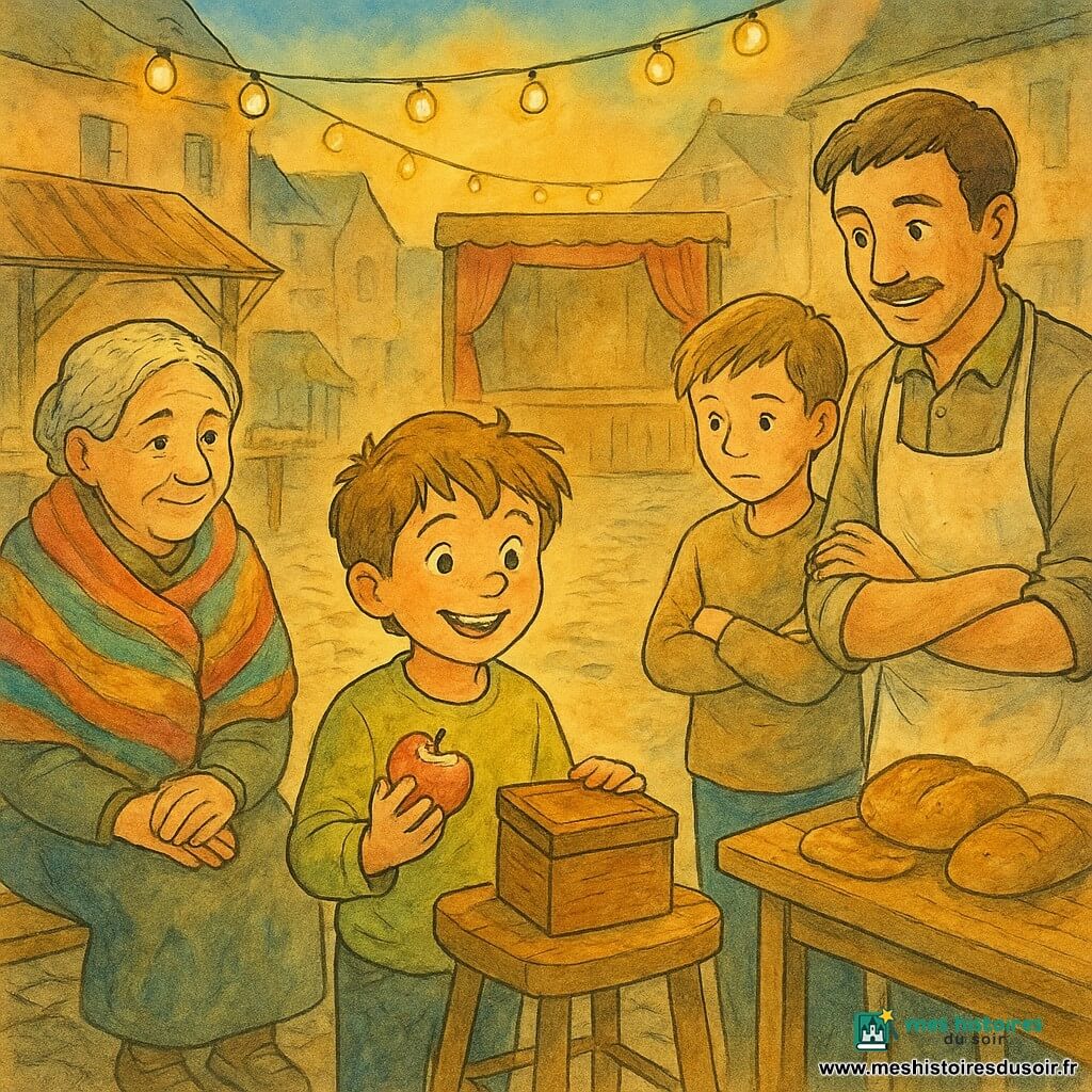 Léo, 6 ans, joyeux et rêveur, cheveux châtains en bataille et joues rosées, tient une moitié de pomme et ouvre une petite boîte en bois en souriant ; Mireille, ~70 ans, drapée d'écharpes colorées, est assise à gauche, les mains jointes, le regard bienveillant ; Tom, ~12 ans, debout à droite, bras croisés puis détendus, observe la boîte, curieux et hésitant ; un boulanger d'environ 45 ans, tablier poudré de farine, se tient près d'une table de pains, posant la main sur une miche ; la scène se déroule au crépuscule sur une petite place de marché pavée, lampions suspendus, stands en bois et une petite scène en arrière-plan, la communauté entourant une boîte centrale sur un tabouret partageant des parts dans une ambiance calme et chaleureuse ; style : encre colorée aux traits fins, lavis lumineux et textures bois/tissus, palette chaude de jaunes, ocres et verts doux.