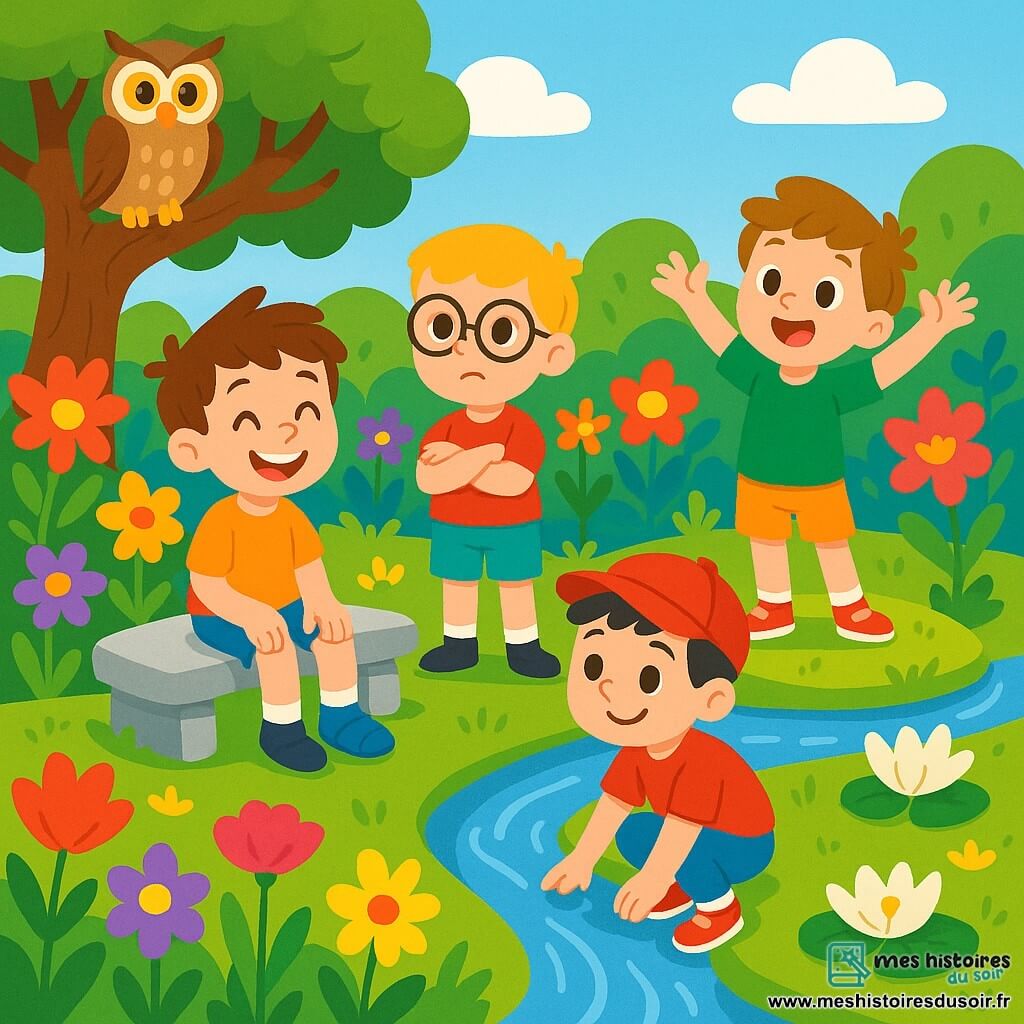 Quatre enfants sont réunis dans un Jardin des Énigmes enchanteur. Lucas, un garçon légèrement boiteux aux cheveux bruns, est assis sur un banc de pierre. Thomas, avec des cheveux blonds et des lunettes, se tient à côté de lui, l'air déterminé. Émile, accroupi près d'un ruisseau, écoute l'eau avec un sourire, tandis qu'Hugo, sur une petite île, lève les bras vers le ciel. Le jardin est rempli de fleurs multicolores, d'arbres majestueux et d'une chouette sage. Les amis échangent des idées et des sourires, découvrant les mystères de la vie en écoutant les conseils de la chouette et le chant du ruisseau.