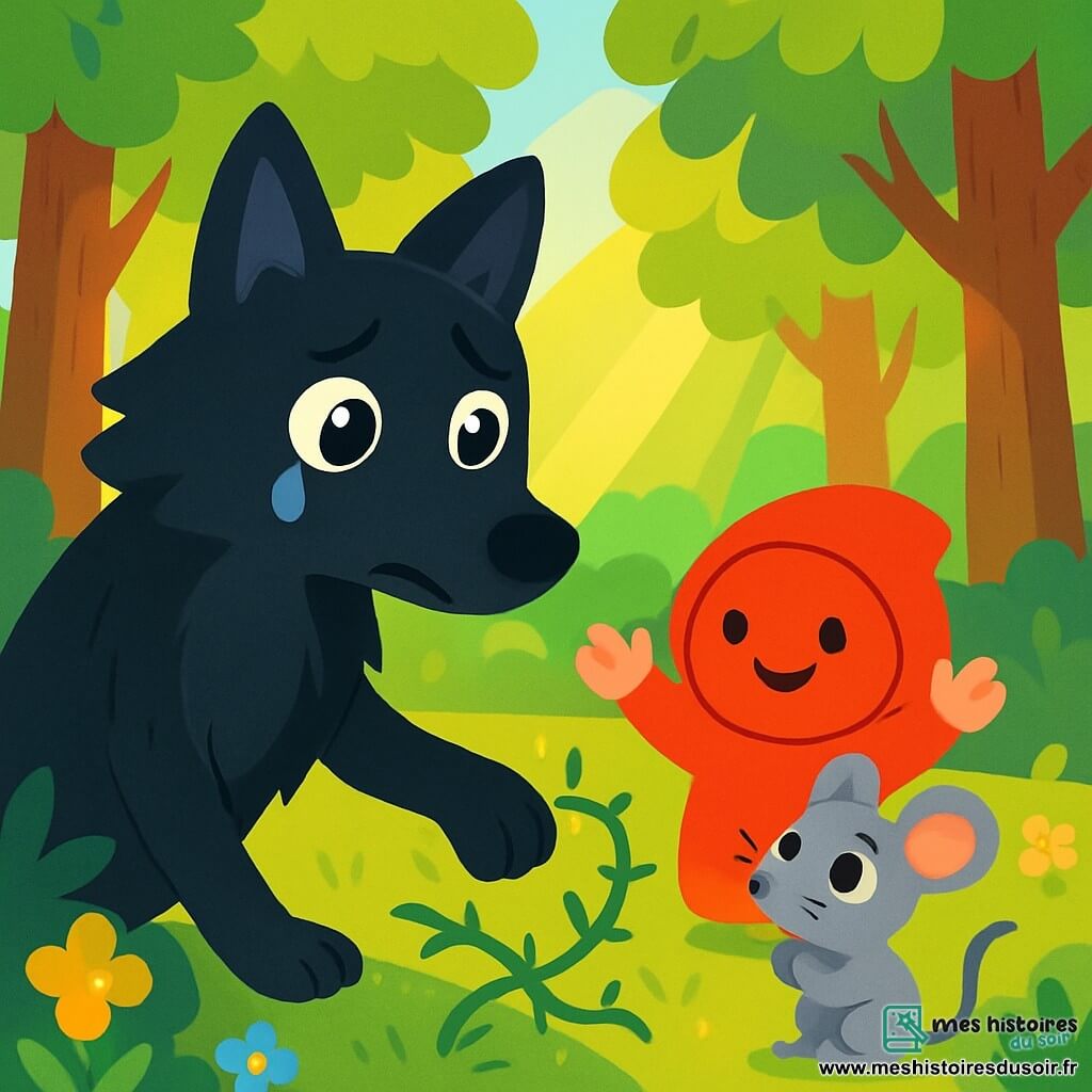 Un grand loup noir au pelage soyeux, avec de grands yeux brillants et une larme sur la joue, se tient dans une forêt verdoyante, semblant triste et vulnérable en regardant Petit Chapeau avec espoir. Petit Chapeau, un bonnet rouge doux, lève les bras pour réconforter le loup, prêt à l'aider avec détermination et amitié. Une petite souris grise, curieuse, observe la scène avec émerveillement et gratitude, prête à applaudir le loup pour sa gentillesse. La forêt enchantée, avec ses arbres majestueux et des rayons de soleil illuminant le sol fleuri, crée une atmosphère magique où le loup aide la souris coincée dans une ronce, soutenu par le sourire amical de Petit Chapeau.