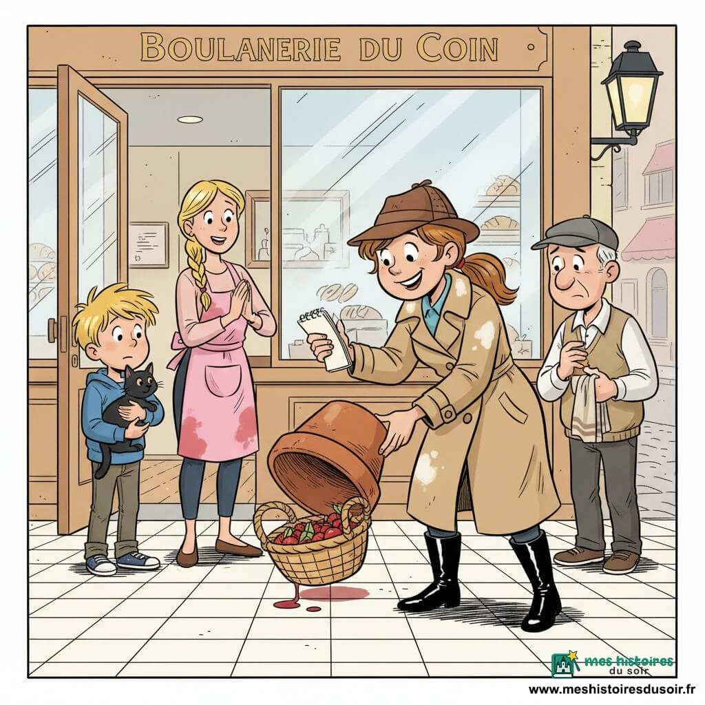 Une détective souriante et concentrée, cheveux châtain clair en queue de cheval, trench beige, chapeau de feutre et bottes vernies, tient un petit carnet et soulève un grand pot de fleurs révélant une corbeille de fruits rouges cachée (une goutte de jus sur le carrelage) ; Tom, garçon d’environ 8 ans aux cheveux blonds en bataille, tient son chat noir Filou à gauche, Léa, boulangère d’environ 35 ans aux cheveux blonds tressés et tablier rose taché de farine, est derrière le comptoir, soulagée et émue, et Monsieur Martin, facteur d’environ 60 ans à la casquette grise, se tient à droite avec un petit colis ; devanture de petite boulangerie avec vitrine décorée de croissants, carrelage blanc cassé, grand pot en terre cuite à fleurs rouges, lampadaire en fonte et rue pavée en arrière-plan, palette chaude et lumineuse, traits nets et contours noirs de bande dessinée franco-belge, compositions dynamiques et regards dirigés vers la corbeille.