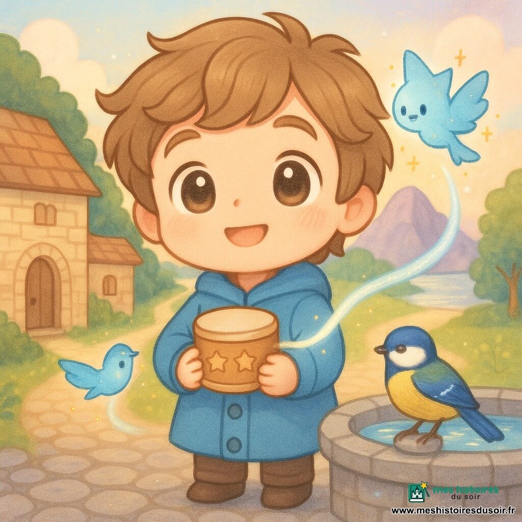 Maël, grand en style chibi, porte un manteau bleu pâle, cheveux châtain clair en mèches souples et yeux ronds brillants, souriant avec émerveillement; il tient contre sa poitrine un petit tambour en bois clair gravé de trois étoiles, une bande lumineuse nacrée s’enroulant autour de son poignet tandis qu’un petit esprit stellaire bleu pâle aux étincelles dorées flotte près du tambour; une mésange jaune et bleue est posée sur le bord de la fontaine en pierre grise au centre d’une place pavée de pierres blondes, avec au loin trois chemins menant à une forêt dense à gauche, une montagne rocheuse au centre et une mer argentée à droite, le tout dans un style chibi kawaii aux formes rondes, couleurs pastel nacrées et éclairage doux et magique.