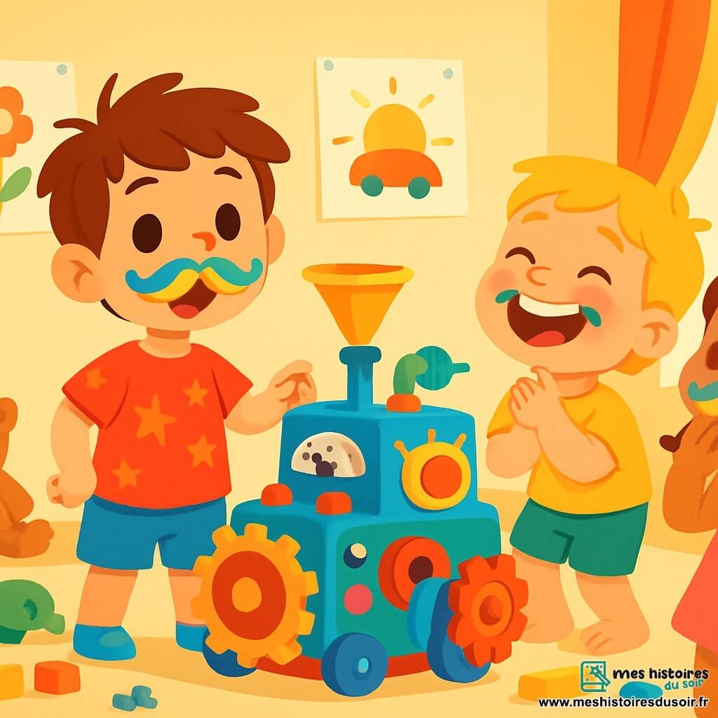 Un petit garçon de 4 ans, Léon, avec des cheveux bruns en bataille et un grand sourire, se tient devant une machine faite de jouets colorés. Il porte un t-shirt rouge avec des étoiles et un short bleu. À côté de lui, son ami Maxime, également âgé de 4 ans, rit aux éclats, tandis que leur amie Zoé, une fille de 4 ans avec des tresses et une robe rose, fait semblant de manger un bonbon imaginaire. La scène se déroule dans une chambre d'enfant lumineuse, remplie de jouets et de dessins. Léon appuie sur un bouton imaginaire de sa machine, faisant apparaître des moustaches colorées sur les visages de ses amis, provoquant des rires contagieux.