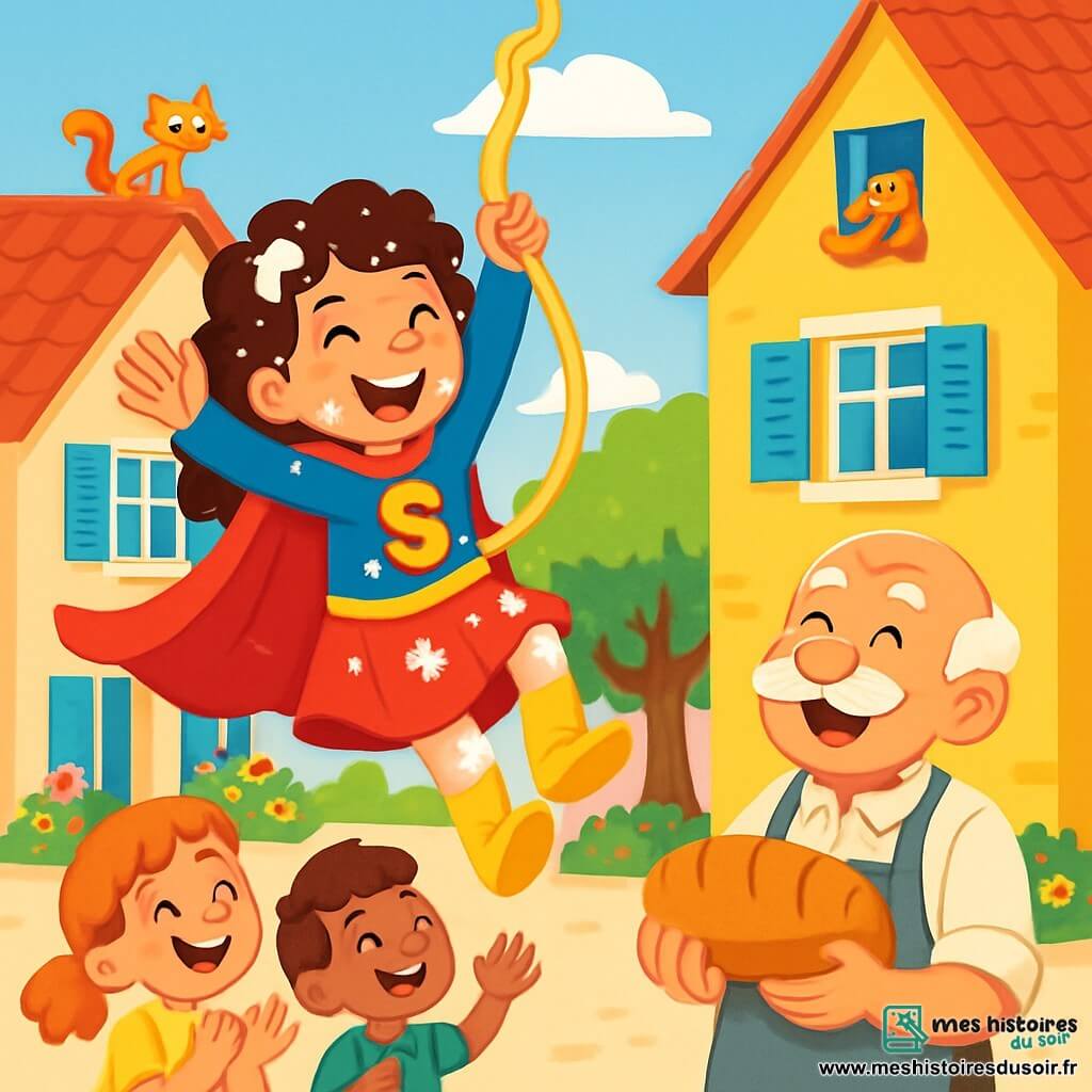 Super-Sophie, une jeune femme souriante aux cheveux bouclés et en cape rouge, glisse sur une liane de spaghettis, les bras en l'air, avec un grand sourire. Elle est couverte de farine, ajoutant une touche comique. À ses côtés, Monsieur Brioche, un homme d'environ 60 ans avec une moustache blanche et un tablier, rit en tenant une miche de pain. Le décor est une place de village pittoresque avec des maisons colorées et des fleurs dans les jardins. Super-Sophie est en train de sauver un chat coincé sur un toit, tandis que les villageois amusés l'observent.