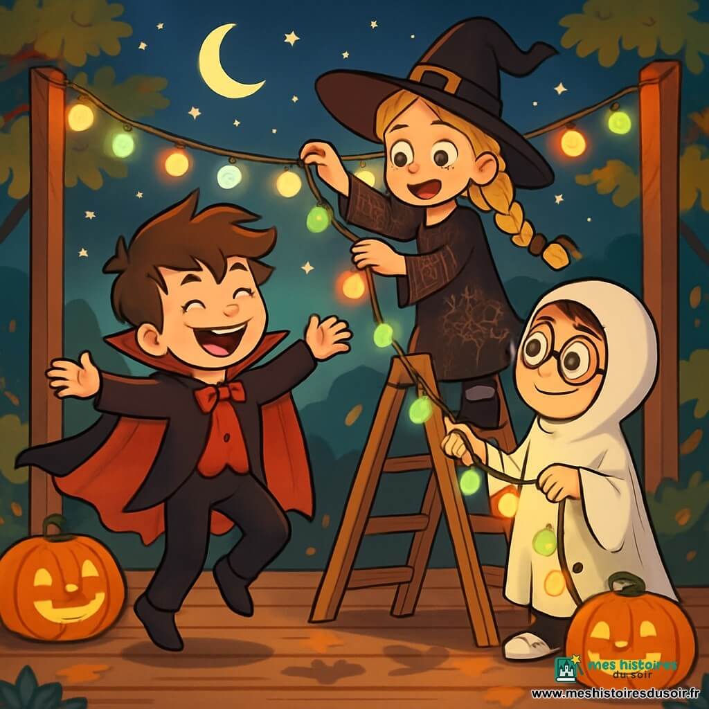 Il y a trois personnages : Léo, un garçon de 10 ans avec des cheveux bruns en bataille, souriant, portant un costume de vampire noir et rouge, dansant au centre de la scène ; Émilie, une fille de 9 ans avec des cheveux blonds tressés, déguisée en sorcière avec un chapeau pointu et une robe noire, accrochée à une échelle en mettant des guirlandes lumineuses ; Max, un garçon de 10 ans avec des lunettes rondes et des cheveux châtains, en costume de fantôme blanc, tenant une liane de lumières colorées et admirant Émilie. La scène en plein air est décorée de guirlandes lumineuses et de citrouilles, sous une nuit étoilée. Les enfants préparent leur spectacle d'Halloween, riant et dansant, tandis que Léo exprime son enthousiasme, Émilie accroche les guirlandes et Max veille à ce que tout soit parfait, illuminés par les lumières.