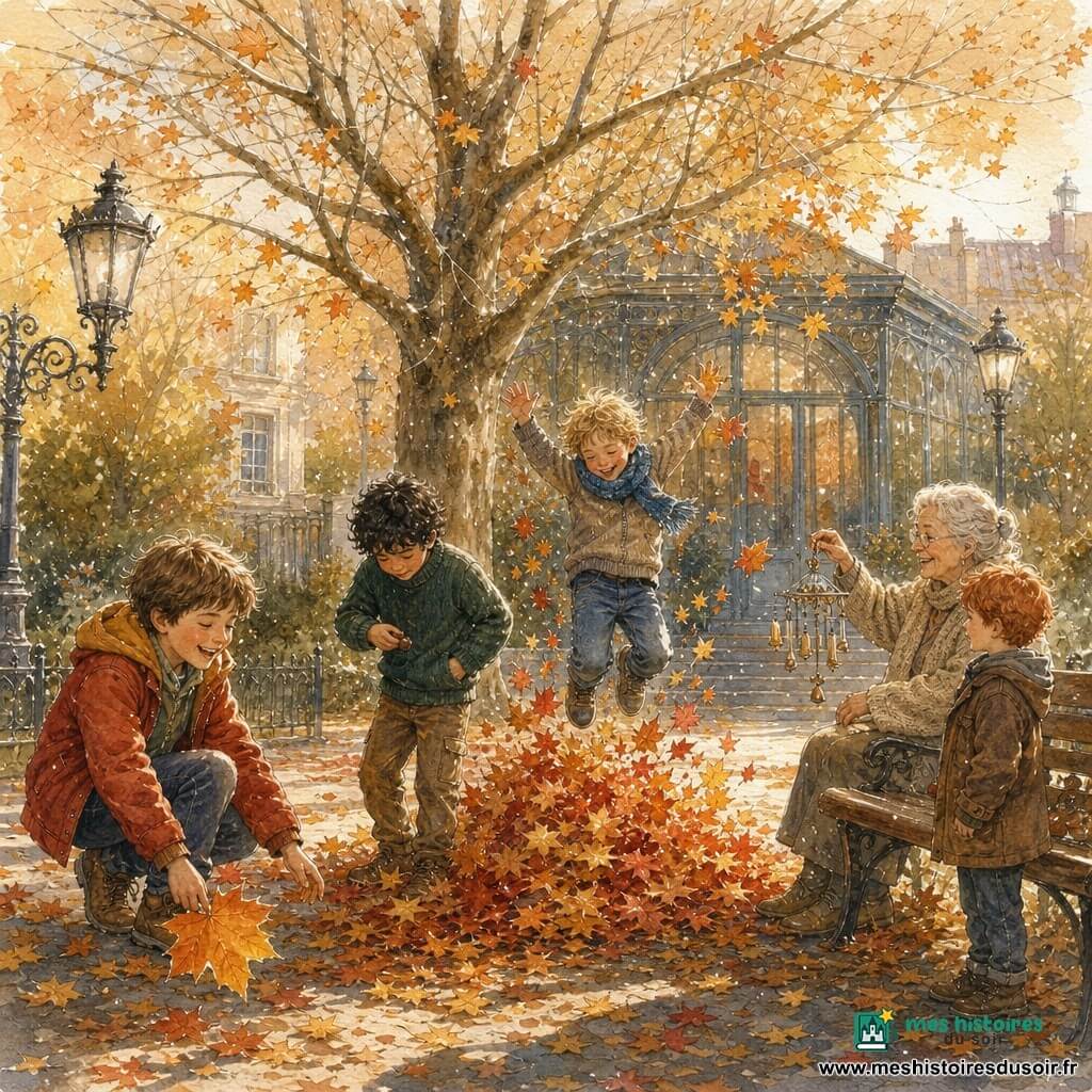 Quatre garçons d'environ 10 ans jouent autour d'un grand érable d'automne aux branches presque nues : à gauche un garçon châtain en veste rouge moutarde ramasse une grande feuille orange en riant, au centre-gauche un garçon aux cheveux noirs bouclés en pull vert dépose un gland dans sa poche, au centre-droit un blond à l'écharpe bleue saute dans un tas de feuilles tourbillonnantes, et à droite un roux en manteau brun regarde une vieille dame assise sur un banc en bois patiné en lui tenant une petite cloche imaginaire ; la vieille dame sourit en agitant un carillon métallique, la scène se déroule dans un parc urbain le matin avec une lumière douce et dorée, tapis de feuilles rouges, jaunes et orange, allée de gravier clair et arrière-plan d'immeuble vitré, l'ambiance est chaleureuse aux tons automnaux, avec textures aquarelle et rehauts lumineux.